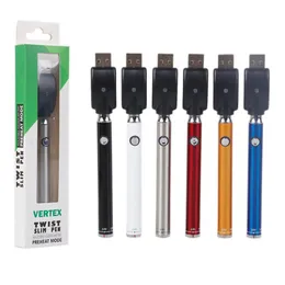 Ny Vertex Law Twist Battery Slim Pen Preheat 350mAh Vape Pen Botten Justerbar spänningsvariabel VV -batterier USB -laddare för 510 patroner