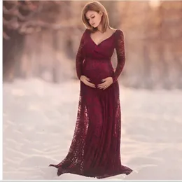 Moderskapsklänningar rött vin V-ringning Långärmad moderskapspografi Props Maxi Maternity Atsire Lace Moderskapskläder Floral POGRAPHY POS 230404