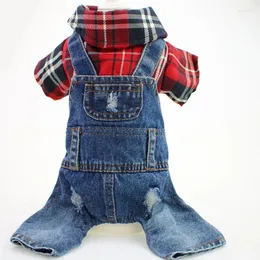 Hundkläder jeans jumpsuit för små medelstora hundar röd blå rutig skjorta design onesies denim overalls beagle terrier kläder