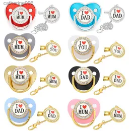 Pacifiers# Fashion Pacifier Baby Shower Gift Rhinestone Pacifier Clips Chain Infant Nipple Newborn Soother Baby Dummy Babies I Love Mum DadL231104