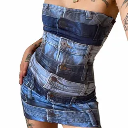 Casual Kleider Zoctuo Sexy Denim Für Frauen Drucken Schlanke Trägerlose Backless Bodycon Vestidos Club Party Sommer Urlaub