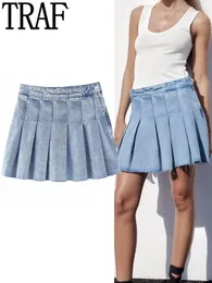 Spódnice Traf plisowane dżinsowe mini skórzane spodnie damskie niebieskie dżinsy kobiety wysoka talia seksowna krótka spódnica Y2K Street Fashion Faded Women's Skiing 230404