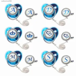 Pacifiers# Blue Luxury Baby Pacifier Clips Lids Rhinestone Pacifier Holder Name Initial Letter Silicone Pacifier Teether Baby Shower GiftsL231104