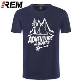 Men's T-Shirts REM Adventure Awaits Letter T-shirt Travel Pine Tree Mountains Tent Printing Top Quality Pure Cotton Unisex 230404