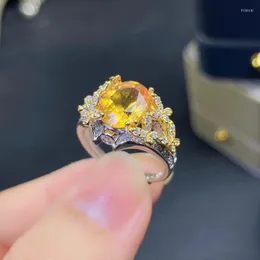 Cluster Rings Natural Citrine Stone Ring Yellow Crystal S925 Sterling Silver Trendy Luxurious Women Men Gift Jewelry