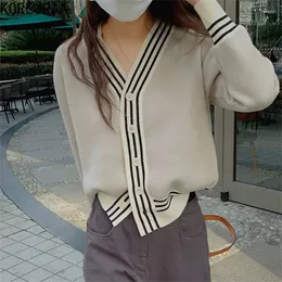 Damenstrick Korejpaa kontrastierende gestreifte Strickjacke Jacke weiblich 2023 Herbst Winter Pullover Frauen koreanischen Stil lässig V-Ausschnitt Kleidung