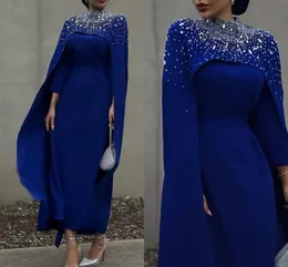 Royal Blue Long Sleeves Prom Dress 2024 High Neck Beadings Jacket Jewel Neck Ankle Length Saudi Arabia Evening Formal Gowns Celebrity Style Robe De Soiree