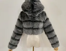 Moncier högkvalitativ högkvalitativ päls beskurna faux pälsrockar och jackor kvinnor fluffiga topprock med huva vinterjacka Manteau Femme