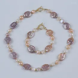 Catene d'acqua dolce naturale bianco rosa viola colore misto moneta collana di perle braccialetto set di gioielli per le donne