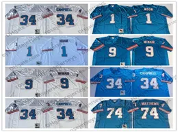 Мужской # 9 Steve McNair Голубой винтажный трикотаж # 34 Earl Campbell # 74 Bruce Matthews # 1 Warren Moon White с прошивкой в стиле ретро для взрослых1013207