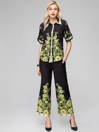 Dwuczęściowe spodnie damskie MOAAYINA Fashion Runway Suit damski krótki rękaw Koszulka kwiatowa Koszulka Prosta spoda 2
