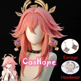 Temadräkt Genshin Impact Yae Miko Rollspelande peruk Kvinnors 85 cm lång rosa anime värmebeständig syntetisk Halloween 230404