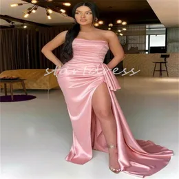Sexy Pink Mermaid Prom Dress With High Slit Strapless Silk Satin Floor Length Evening Gowns 2024 Formal Dance Party Birthday Special Occasion Wear Robe De Soriee