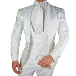 Mens Suits Blazers White Floral Wedding Tuxedo for Groom Pieces Slim Fit Men with Satin Shawl Lapel Custom Male Fashion Costume Jacket Vest 230404 UVEP
