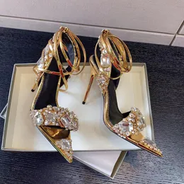 Najlepsze projekty Kobiety Tomsfords Sandals Buty lustrzane skórzane kryształowe kamienie spiczasty klejnot kostki wysokie obcasy impreza sukienka wieczorowa luksusowe pompki EU35-42