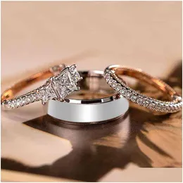 Couple Rings Huitan Arrival Trendy 3Pcs/Set Women Princess Cut Zircon Micro Paved Small Round Cz Stone Engagement Je Dhgarden Dhonl