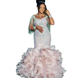 2023 Arabo Aso Ebi Champagne Sirena Prom Dress Paillettes Abiti da sera in pizzo Sheer Neck Compleanno Fidanzamento Secondo abito Abito da donna Abiti formali WD038