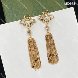 Stylish Bee Tassel Stud Pearl Diamond Hoop Earrings Women Gold Crystal Eardrops With Box