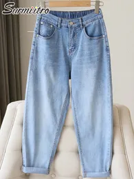 Jeans da donna SURMIITRO S-5XL Moda primaverile Jeans larghi Boyfriend Mom Jeans da donna Blu Vita alta elastica Denim Pantaloni lunghi da donna 230404
