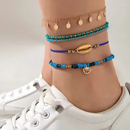 Anklets Bohemia Round Pendants anklet مجموعة للنساء Girl Shell Simple Blue Beads Multilayer Foot Chains Jewelry Beach 24346