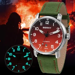 ساعات المعصم بيرني الرجال الميكانيكية مشاهدة رجال الإطفاء تحية التقويم القماشي wristwatch Miyota 8215 Super Luminous 10atm Fire Gradien Watchest