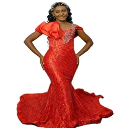 2023 Arabic Aso Ebi Red Mermaid Prom Dress Sequined Lace Evening Gowns Sheer Neck Birthday Engagement Second Gown Dress Women Formal Wear WD043