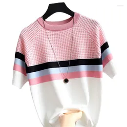Damen T-Shirts 2023 Sommer Kurzarm T-Shirt Hahnentritt Kontrastfarbe Eisseide Strickpullover Damen Pullover Slim