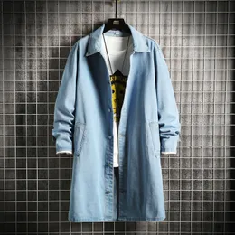 Herren Trenchcoats Herbst Lässige Lockere Mittlere Länge Denim Windjacke Große Größe M5XL Volltonfarbe Langarm Revers Einreihig Gerade 230404