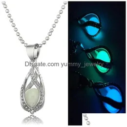 Lockets New Glow In The Dark Pearl Cage Pendant Necklaces Open Hollow Luminous Water Drop Charm Locket Bead Chain For Women S Fashion Dhn2I