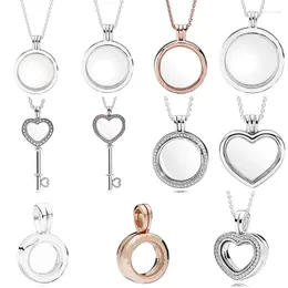 Chains 925 Sterling Silver Sparkling Heart Large Key Crown O Round Lockets Floating Necklace Fit Fashion Charm Trendy DIY Jewelry