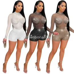 مصمم راينستون الماس البليثات النساء طويلة الأكمام bodycon rompers مثير رؤية من خلال شبكة الشبك