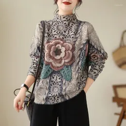 Maglioni da donna Johnature Autunno Inverno 2023 Donna Vintage Stampa Girocollo Allentato Casual Rende Maniche lunghe Lavoro a maglia femminile