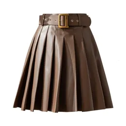 Skirts ER Tong Pu Leather High Waist A-Line Korean Fashion Short Pleated Leather Autumn Black Mini Leather Y2k Clothing 230404