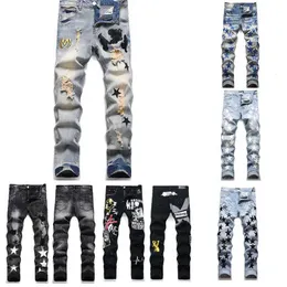 2023 Designer Mens High Street America para hombres Pantalones bordados Oversize Ripped Patch Hole Denim 2023 Nueva moda Streetwear Flaco Slim Lápiz Pantalones