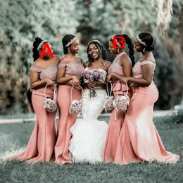 2023 신부 들러리 드레스 섹시한 먼지가 많은 분홍색 레이스 아플리케 웨딩 게스트 아프리카 여자 인어 어깨 고삐 오인 우아한 메이드 가운 맞춤형 플러스 크기