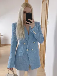 Damskie garnitury kobiety moda niebieska Tweed Blazer kurtka 2023 Office dama podwójnie piersi kieszenie vintage żeńskie płaszcz szykowny traj streetwear