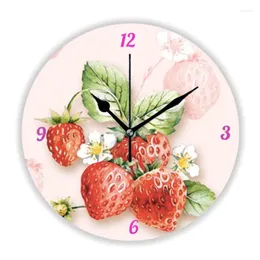 Horloges murales Élégant Pastel Rose Rouge Fraise Fruit Amant Horloge Montre Pour Cuisine Chambre Fraises Art Vegan Cadeau Décor À La Maison