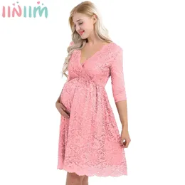 Moderskapsklänningar Kvinnor Gravida kvinnor Elegant Party Dress Flower Spets Cover V-Neck Half Sleeve Pregnant Women's Wedding Dress Wedding Dress 230404