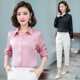 Women's Blouses Shirts Stinlicher Women's Office Shirt Women's OL Elegant High Quality Silk Satin Long Sleeve Button Women's Party Shirt Top 230404