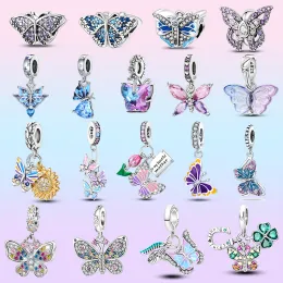 Ciondoli Pandora in argento sterling 925. Bracciale con perline, con fiori e perline con farfalle colorate
