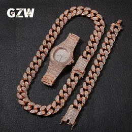 Ny modepersonlig 20mm Gold Blingbling Mens Cuban Link Chain Necklace Armband Watch Set Hip Hop Rapper Jewelry Gifts för M290P