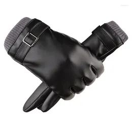 Engångshandskar 1Pair Black Pu Leather Man Full Finger Thicken Driving Winter Touch Screen Warm Windproect Mittens Luvas WA 023