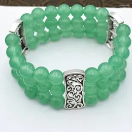 Bracciale in argento tibetano elasticizzato con perline in pietra naturale da 8 mm, 6 fili, blu verde, rosso, giallo, bianco, rosa, 3 file