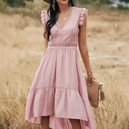 Atuendo Summer Solid Pink Dress for Women Bohemian Sexy Soft High Weist Ladies Robe Boho Leisure Wedding Guest Silk Long Dresses X229U