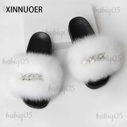 Slippers Natural Fox Fur Fluffy Cute Plush Fashion Ladies Flip Flops Summer Outdoor Non-Slip Casual Business Flat Sandals T231104