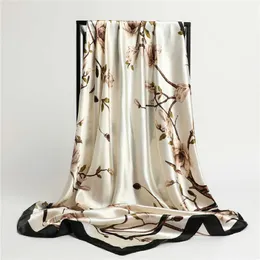 Sarongs Vintage Flowers Square Scarf for Women Silk Shawls Neckerchief Head Wraps Foulard Hijab 헤어 밴드 P230403