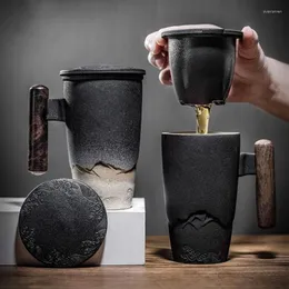 Filiżanki spodki ceramiczny kubek luksusowy filtr retro kubek herbaty duża pojemność biuro czarna ceramika woda z osłoną i drewnianym uchwytem pudełko na prezent