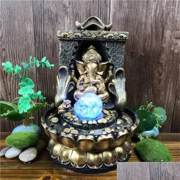 Decorative Objects Figurines Hindu Ganesha Statue Fortune Lucky Feng Shui Desktop Fountains Indoor Led Glowing Dhcpr