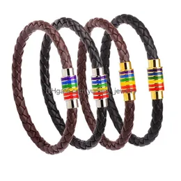 Charme pulseiras de couro genuíno arco-íris lgbt sinal charme wrap pulseiras para mulheres homens gay lésbica aço inoxidável fivela magnética bangl dhhag