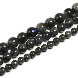 Lösa ädelstenar naturliga svarta labradoritpärlor runt för smycken DIY som gör armbandhalsband tillbehör 15 "Strand